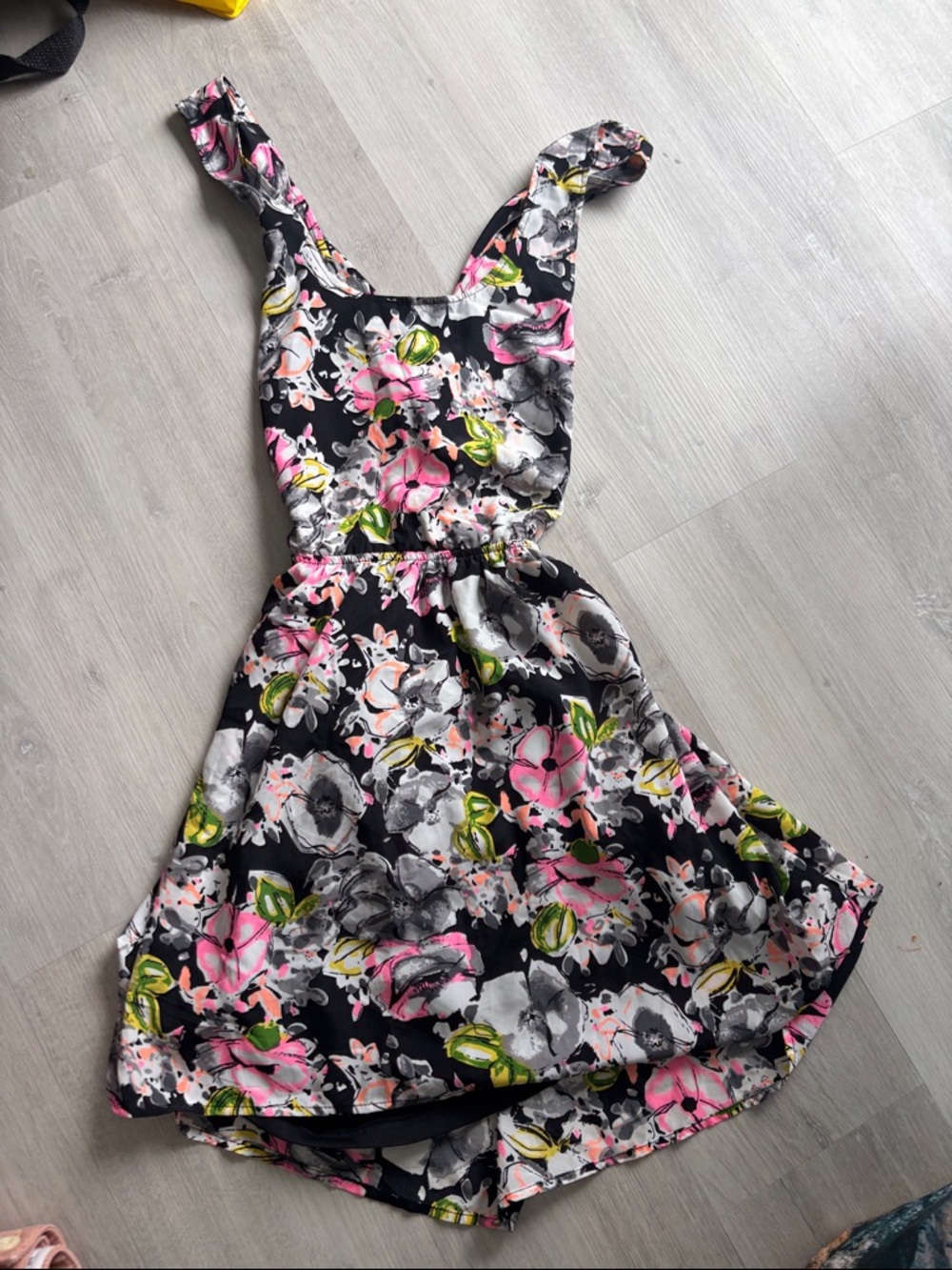Love Riche Black Floral High-Low Dress with Pink and Green Accents